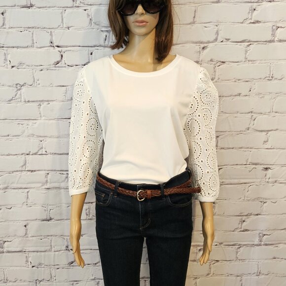 KARL LAGERFELD PARIS, White eyelet sleeve top - Picture 6 of 11